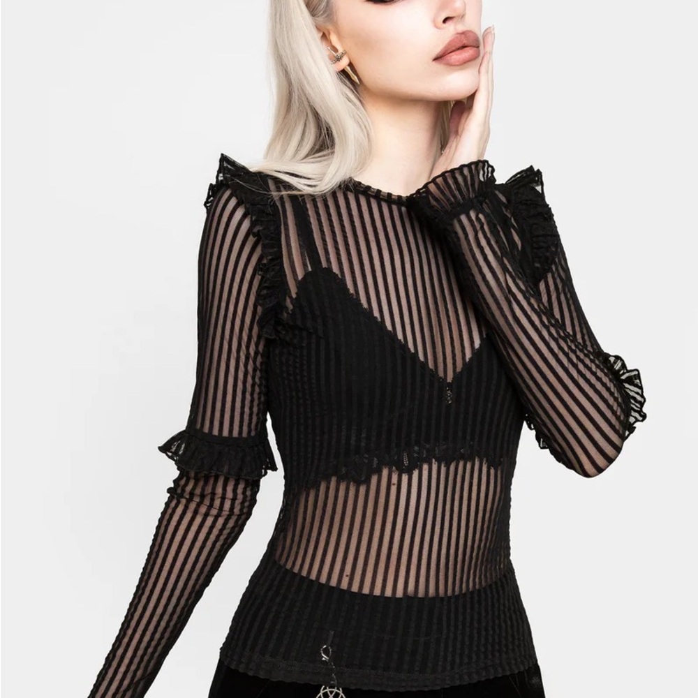 Disturbia Mourning Ruffle Top NWOT Black Sheer Stripe Long-Sleeve S